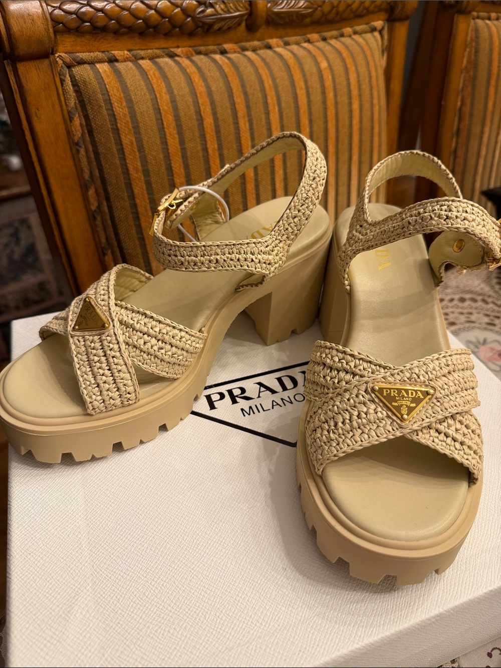Prada Cream Braided Platform Sandals with Gold Logo